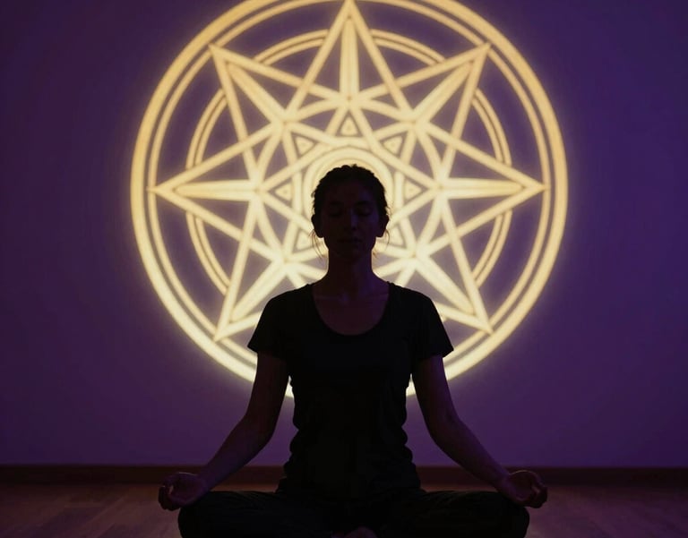 Photography of a person in silhouette meditating against a backdrop of glowing golden sacred geometry patterns in a dark purple room, ethereal and professional, Global / Western.
