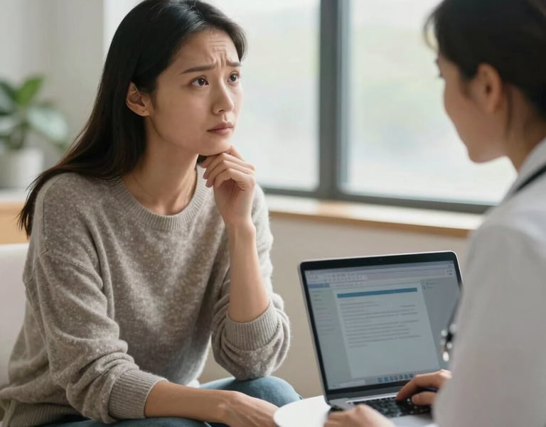 A concerned but hopeful patient talking to a doctor on a laptop screen, North American / US setting, natural window lighting, trustworthy and compassionate mood, wearing a casual sweater.