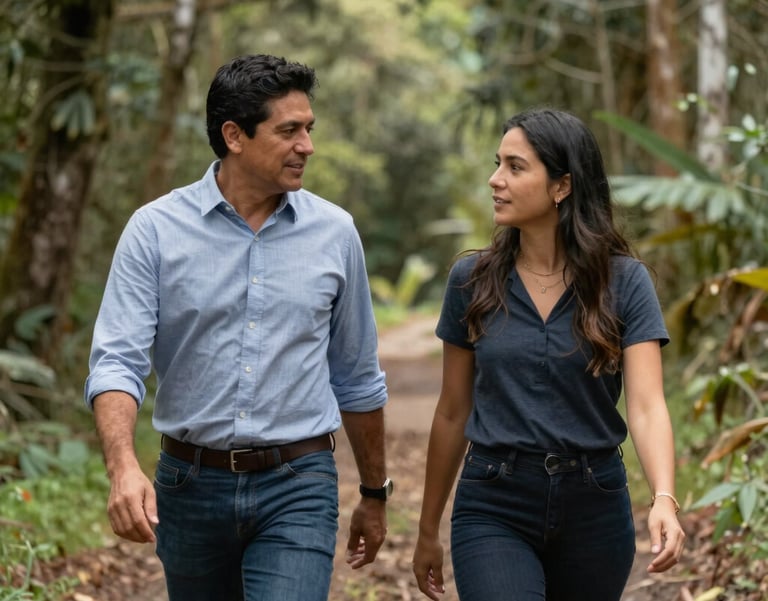 Two founders, a South American / Colombian man and woman, walking through a serene forest path in the Antioquia region, talking professionally, warm natural light.