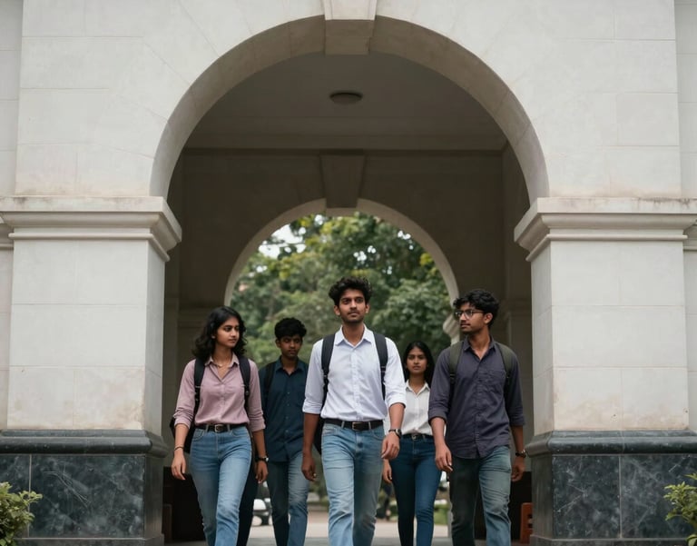 A low-angle shot of a group of South Asian students walking through a modern university archway made of white stone and dark slate accents.