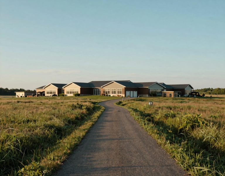 A wide shot of a peaceful North American landscape with a winding path through a grassy field toward a modern community building, soft sky blues.