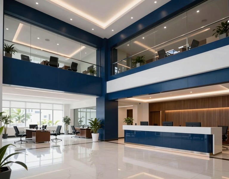 A high-end, professional office lobby in Kochi, Kerala, with a dark blue and white color scheme. The space is bright and airy with modern South Asian architectural touches.