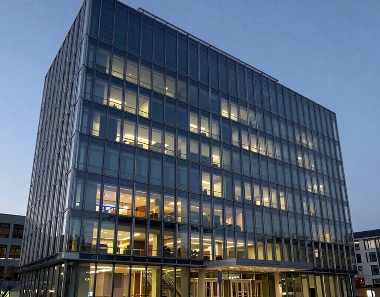 A wide-angle photograph of a prestigious international foundation headquarters with modern architecture and large glass windows, International / Global, dusk lighting with Silver and Dark Blue hues.
