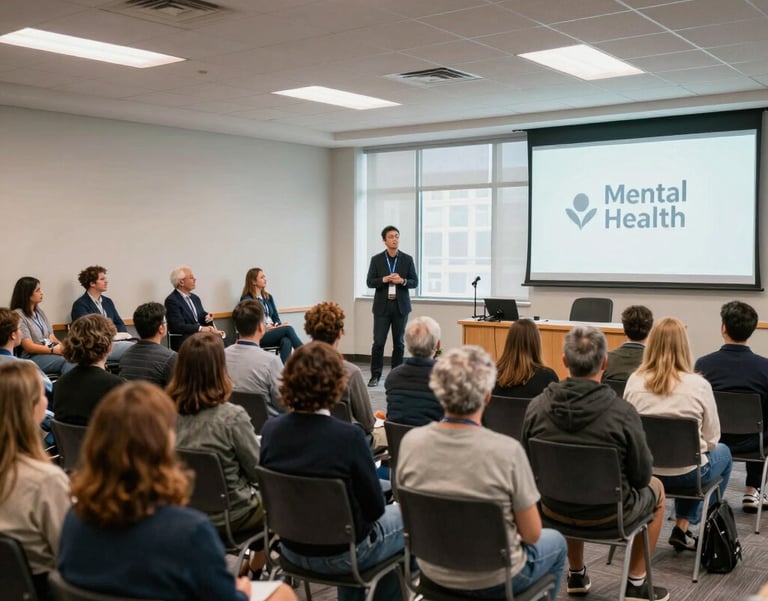 A wide shot of a community seminar on mental health in a bright, modern conference hall in the US, speakers on stage, engaged audience.