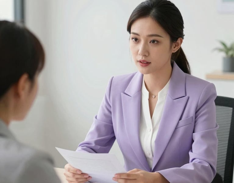 A professional Southeast Asian female consultant in a modern purple and white business outfit sitting in a bright, clean office, having a focused discussion with a client over legal documents. The lighting is soft and natural, emphasizing a trustworthy and educational atmosphere.