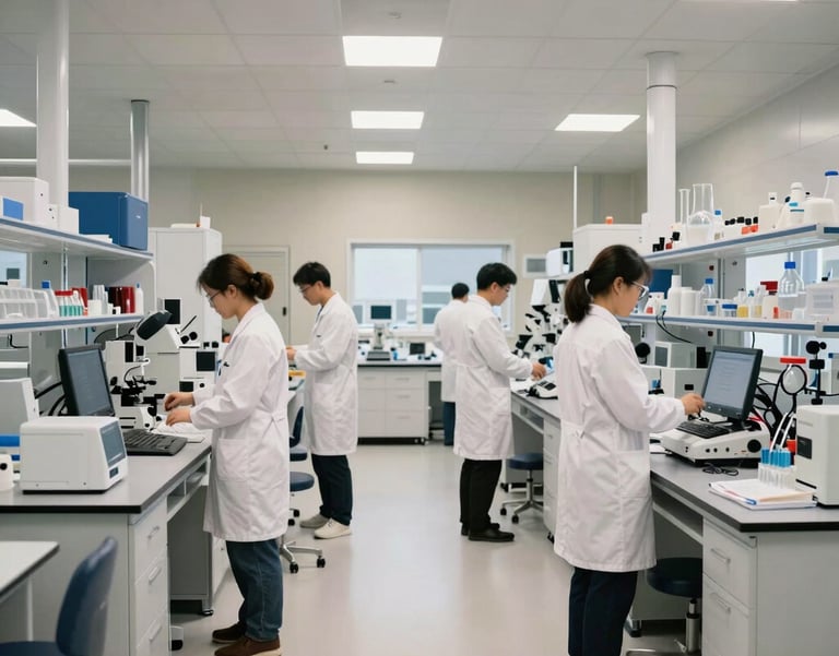 A wide shot of a modern laboratory interior with scientists in white coats moving through a space filled with advanced biotech equipment, steel blue and off-white palette.