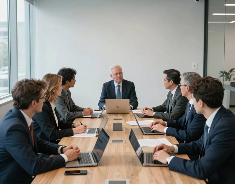 A professional wide shot of a modern philanthropic board meeting in a bright, airy North American office. Executives are engaged in a strategic discussion around a large light wood table with documents and laptops. The atmosphere is authoritative yet collaborative, with soft morning light and cool blue tones reflected in the minimalist decor.