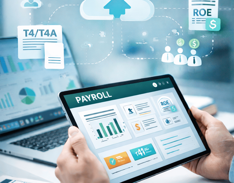Cloud-based payroll dashboard showing employee payments, tax compliance, and automated payroll management for Canada