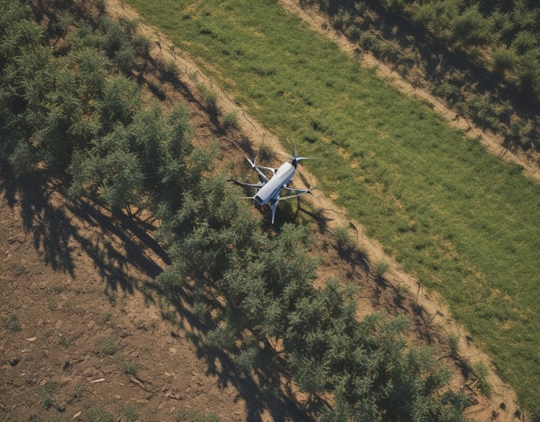 Close-up of a drone detecting Asian hornet nests in a dense forest area.