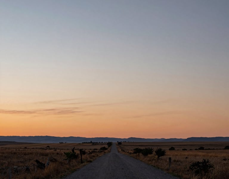Photography of a serene landscape in the US at dawn, soft orange and blue sky, representing a new beginning and stable pathways toward hope.