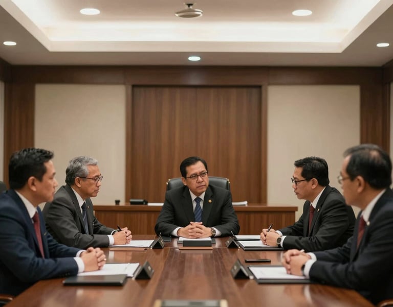 Professional photography of an Indonesian court building or a formal meeting room where legal experts discuss forestry law, dignified and serious atmosphere.