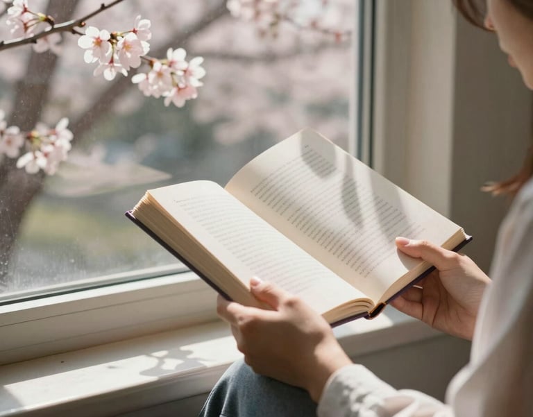 A peaceful scene of a person's hands holding a book in a sunlit room with cherry blossoms visible through a window, International / English-speaking professional context.