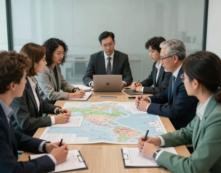 A collaborative meeting of diverse professionals in a glass-walled boardroom, focused on a map and planning documents, North American / International business context, Mist White and Deep Sage Green tones.