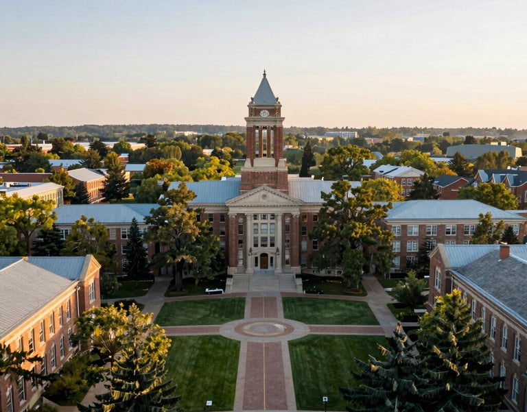 A wide-angle landscape shot of a North American university campus in the morning light, conveying a sense of heritage, education, and long-term opportunity.