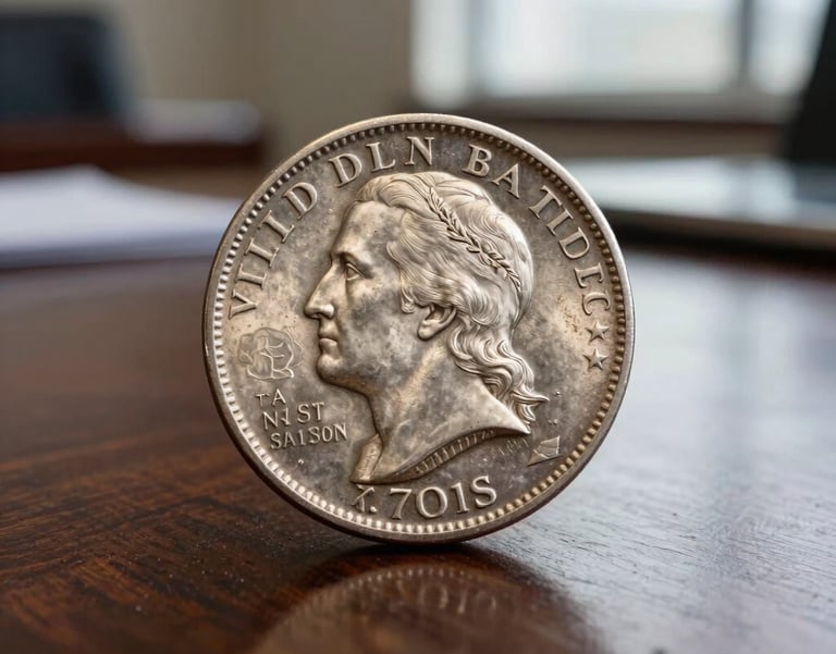 A professional, high-detail macro photograph of a vintage United States silver dollar resting on a clean, dark mahogany desk. Soft morning light from a nearby window creates a sophisticated atmosphere. North American / US office setting.
