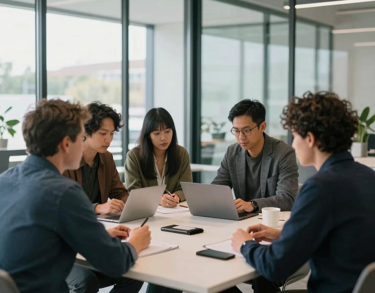 A collaborative group of diverse professionals working together around a table in a modern, glass-walled office in Saint John, Canada. Natural light fills the space.