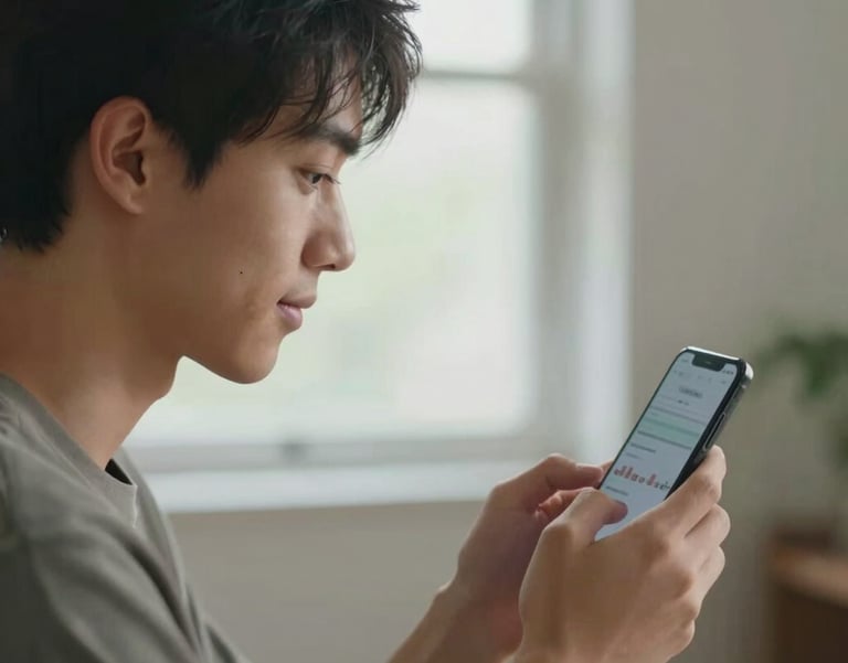 A side-view photo of a young adult looking at a smartphone screen with a calm, relieved expression, soft natural light coming from a nearby window, North American / US.