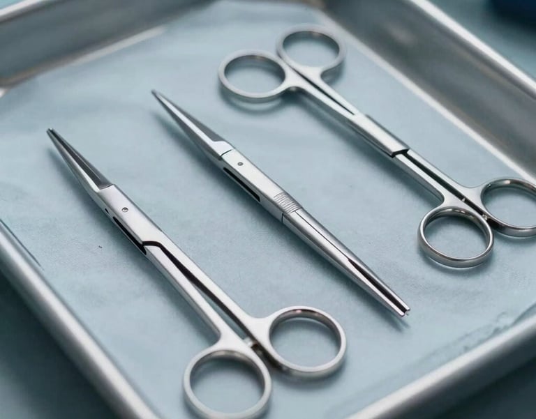 A macro photograph of several neurosurgical micro-scissors laid out in a row on a sterile light grey-blue surgical tray. The lighting is clean and professional, focusing on the sharp edges and sleek design.
