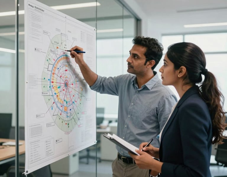 A photograph of two South Asian professionals, a man and a woman, reviewing a large strategic chart on a glass wall in a bright, modern office.