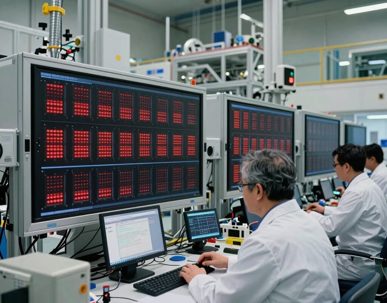 An wide-angle shot of a state-of-the-art research facility in North American / Global. Scientists in professional attire are working with advanced sensor arrays under soft, even lighting.