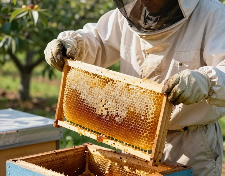A close-up photograph set in a sunny North American / US orchard, showing an artisan beekeeper in clean protective gear lifting a wooden hive frame with golden honeycomb.