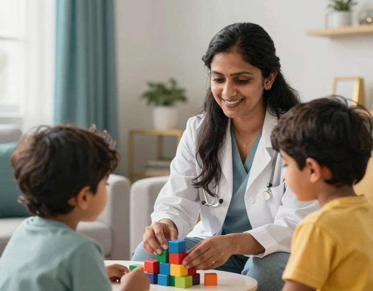 A South Asian / Indian female therapist in a bright, warm consultation room, smiling gently while engaging with a young child through colorful educational blocks. The lighting is soft and natural, emphasizing a safe and nurturing environment with hints of teal and gold in the decor.
