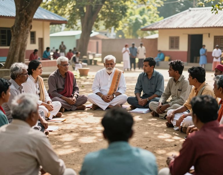 A high-quality photography shot of a community town hall meeting in a South Asian village. Trustees and local citizens are engaged in a respectful dialogue. Soft sunlight filters through trees, conveying transparency and trust.