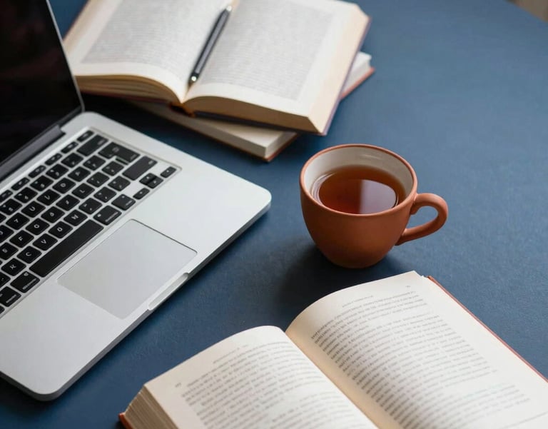A high-angle shot of a writer's desk with a laptop, several open books, and a terracotta clay cup of tea, set against a dark blue background.