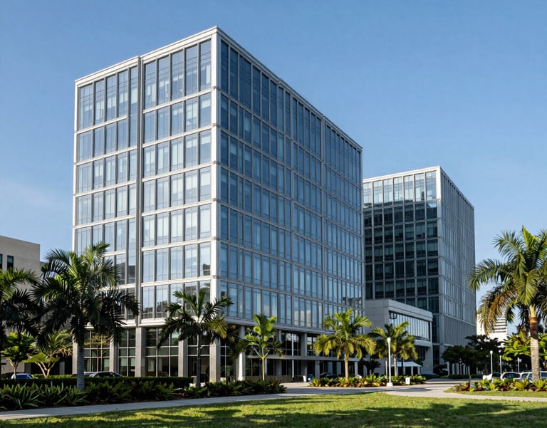 A professional wide-angle shot of a modern glass-and-steel office building in Florida with clear blue skies and lush green landscaping. Sophisticated and corporate, North American / US.