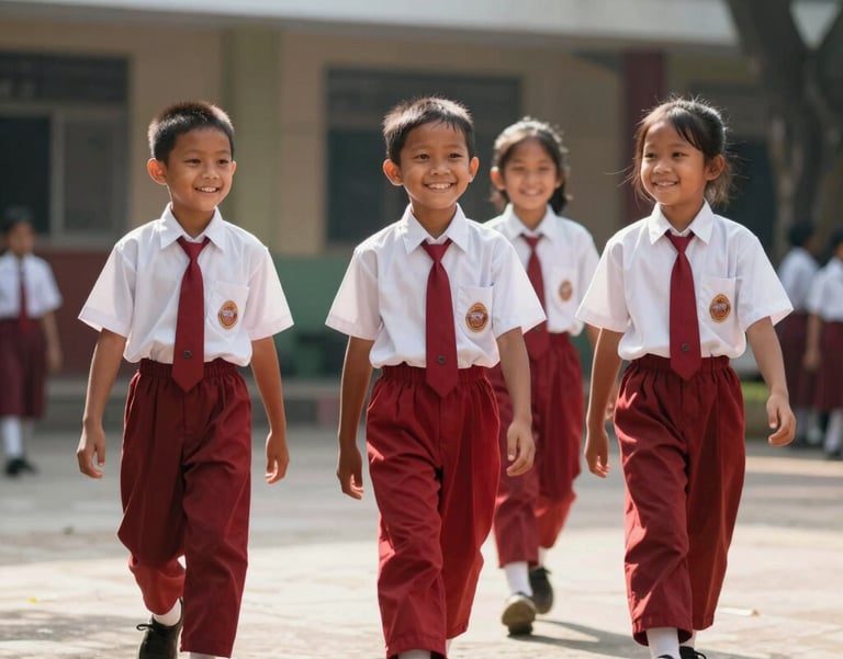 Candid photography of Indonesian school children in red and white uniforms walking happily in the school courtyard during a sunny morning.