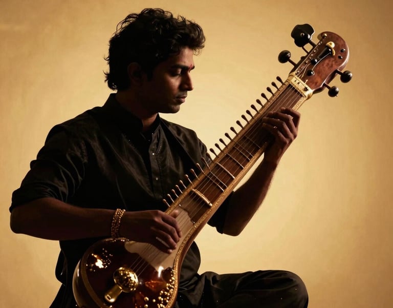 A high-end cinematic shot of a South Asian / Indian musician's silhouette against a warm gold backdrop, playing a Veena, reflecting luxury, culture, and high-end artistic production.