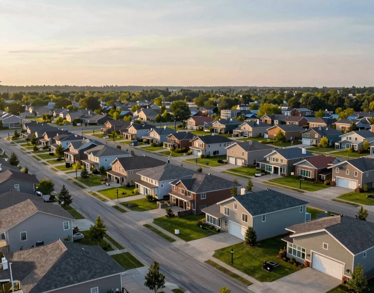 A serene landscape of a North American suburban community during a soft sunrise, featuring modern, clean architecture and vibrant green spaces.