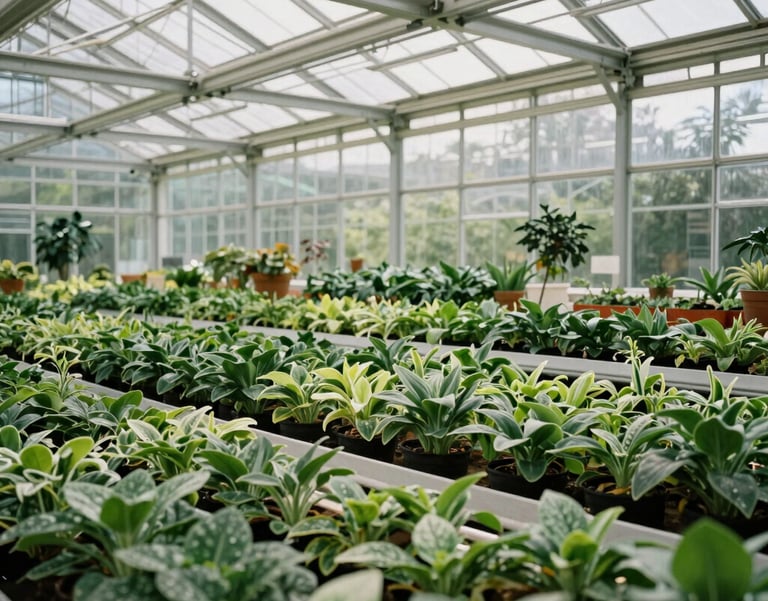 A wide, cinematic photo of an airy greenhouse with modern steel frames and glass walls, filled with rows of vibrant green plants, North American region.