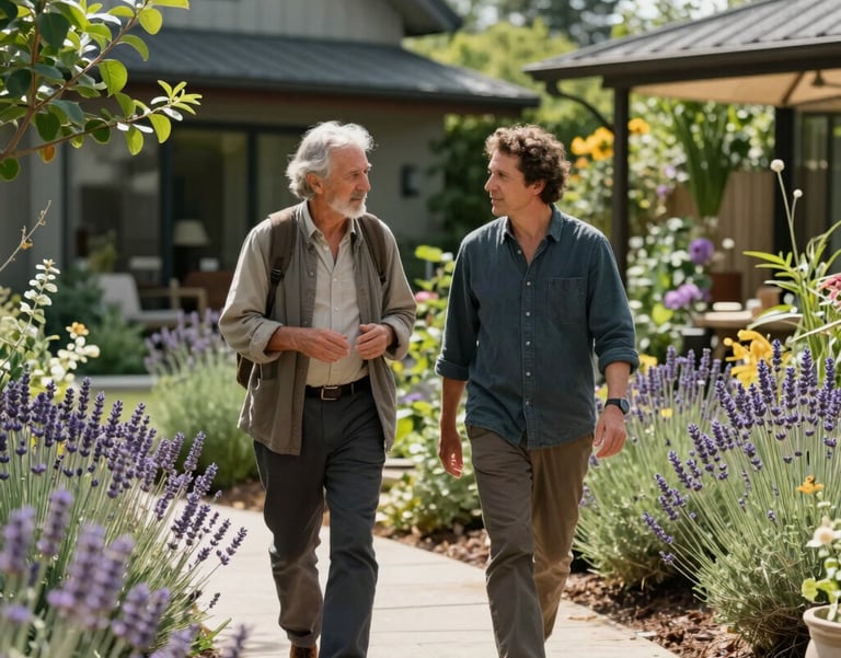 A serene candid photo of two spiritual guides walking through a modern, sunlit North American retreat garden. They are engaged in deep conversation, surrounded by lush greenery and lavender plants.