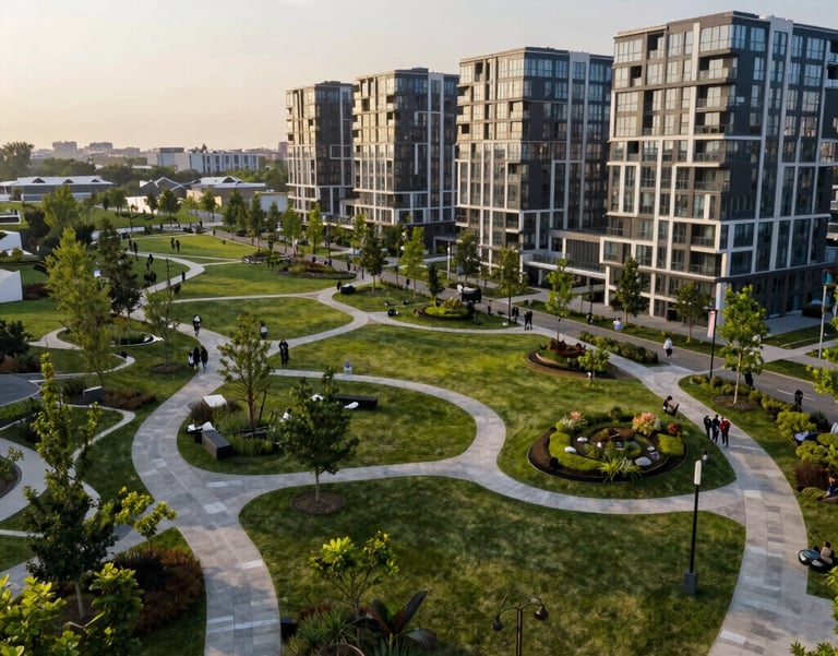 A wide-angle shot of a newly developed urban community park in North America, featuring modern architecture and green spaces, soft morning light.