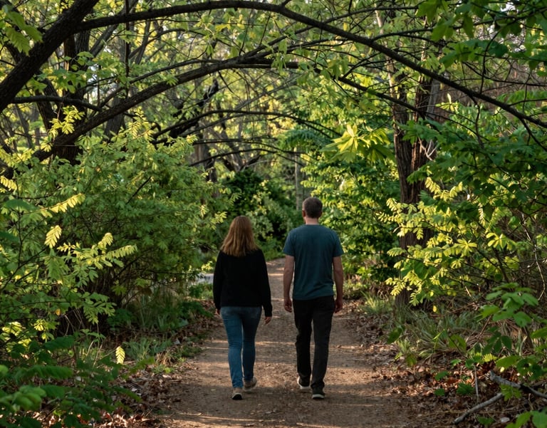 Two people walking along a nature trail in a North Houston park, surrounded by lush green spring foliage and soft morning light, photography.