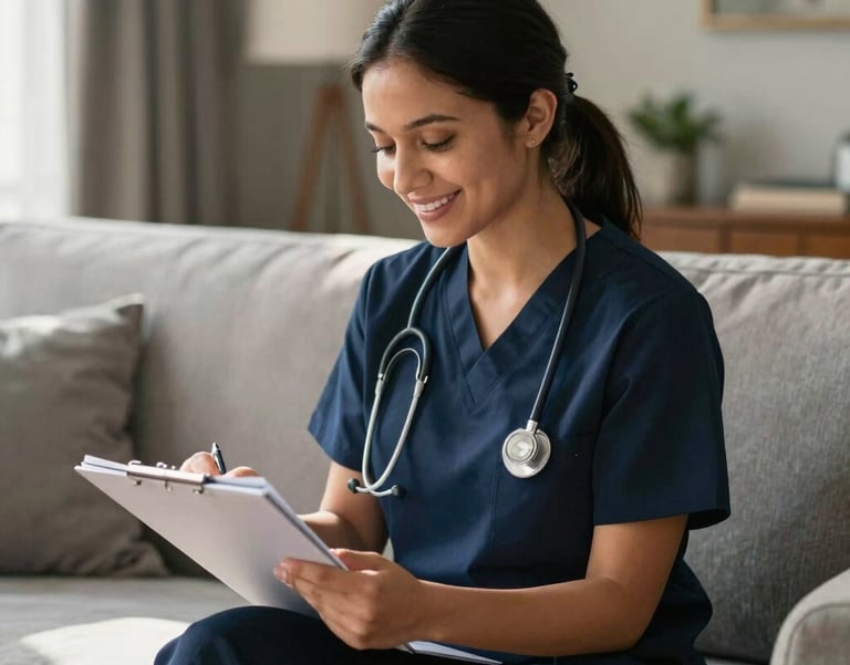 A professional North American nurse practitioner in a warm, sophisticated living room environment, smiling while reviewing care notes, natural morning light, soft mist grey and deep charcoal navy accents.