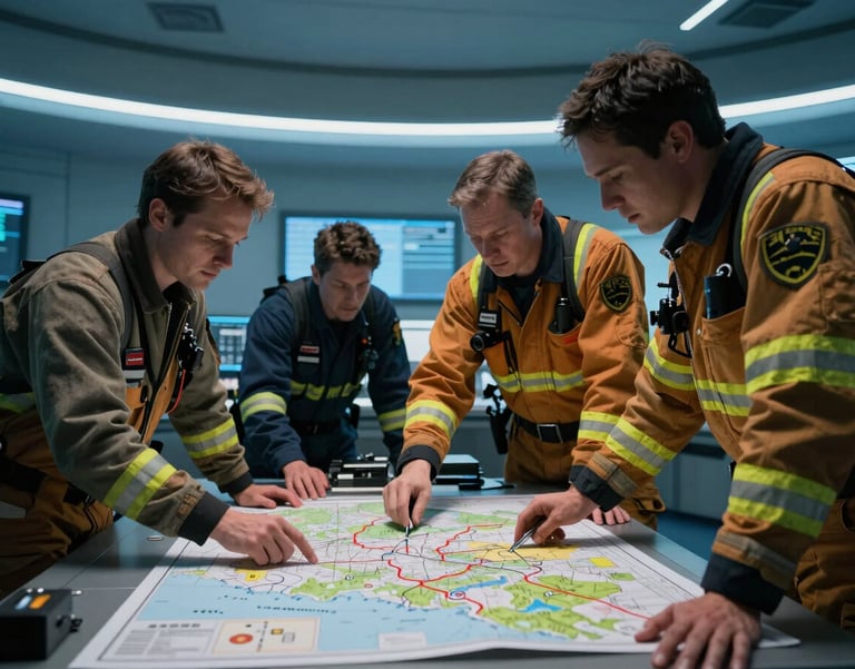 A cinematic shot of rescue professionals planning a response over a map in a high-tech command center in the North American Pacific Northwest, cool blue lighting.