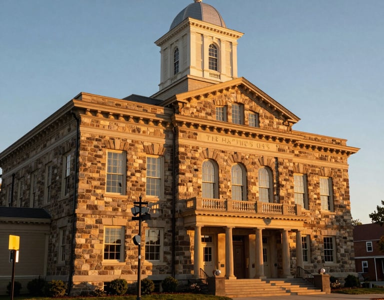 An elegant photograph of a classic stone-built community hall in the US, representing stability and legacy, during a sunset that casts a goldenrod glow across the architecture.