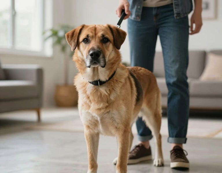 A heartwarming photography shot of a trained service dog guiding a person through a bright, modern North American interior space with confidence.