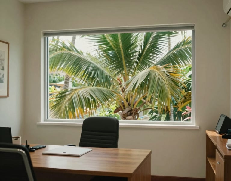 A professional and warm interior office in the Caribbean / Anglophone Caribbean, featuring a large window with lush tropical palm leaves visible outside. The room is decorated in light sage and off-white tones, with clean wooden furniture and a calm, empathetic atmosphere.