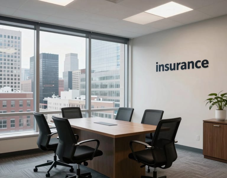 A wide shot of a clean, modern insurance consultation room in a North American city office, with large windows overlooking a city skyline.