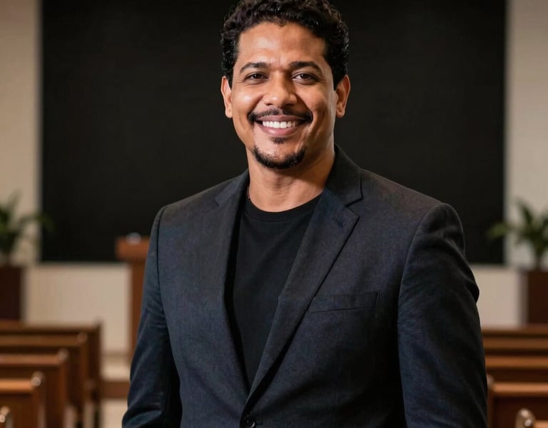 A professional portrait of a Brazilian man in his late 30s with a warm and confident expression, wearing a tailored dark blazer, standing in a modern church environment in Rio de Janeiro with soft, professional stage lighting and a black background.