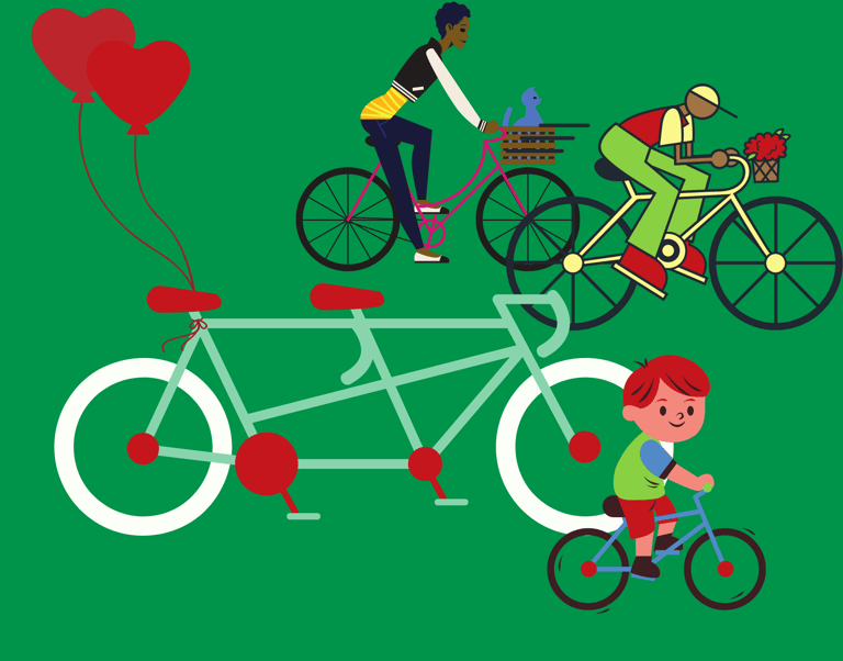 a man and woman riding bicycles with balloons