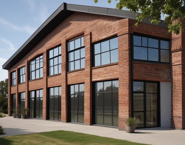 A group of people dressed in formal attire are standing in front of a real estate office. The storefront displays a large sign with an URL and various social media icons, and text in a foreign language. The group mostly consists of men in white shirts and dark trousers, standing in a straight line, with two women at either end of the row.