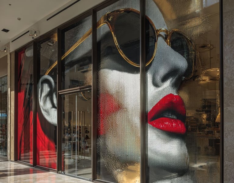 a woman's face in a window display