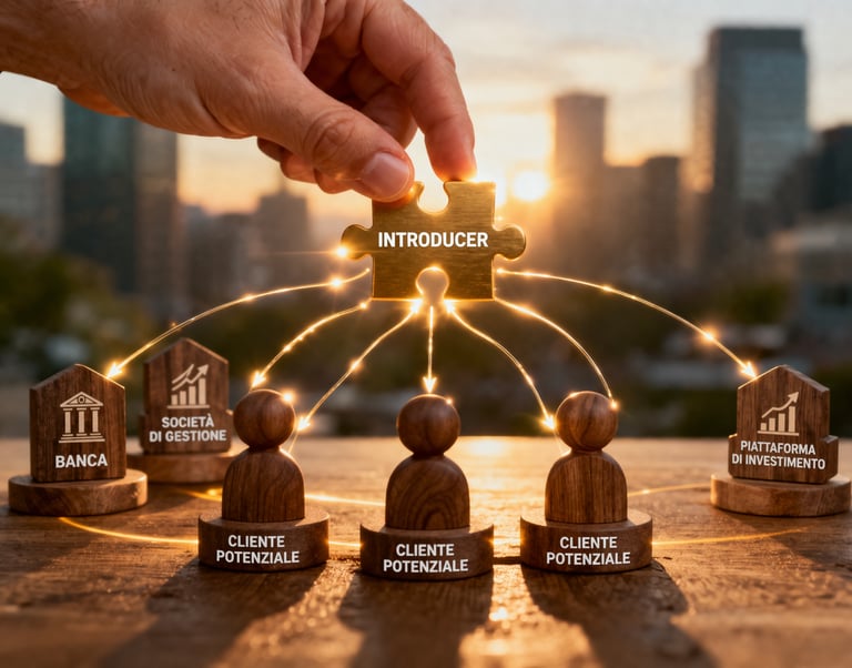 A hand places an 'Introducer' puzzle piece connecting financial entities and potential clients in a sunset cityscape.