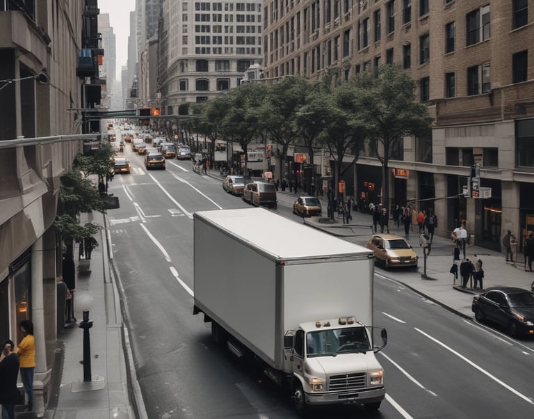 A busy street view showing multiple delivery trucks operating.