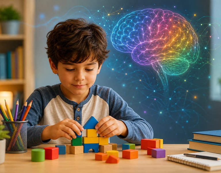 Child engaged in focused play symbolizing ADHD, emotional regulation, executive functioning, brain d