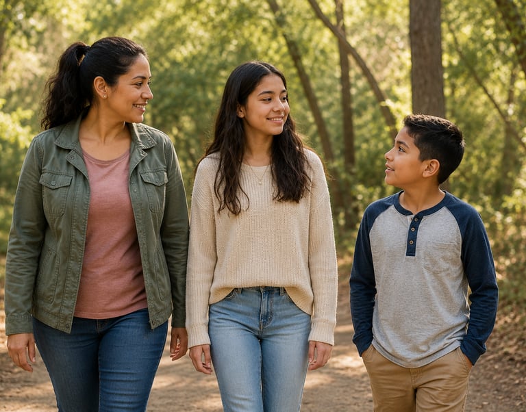 Hispanic parent and children walking together outdoors, representing family connection,